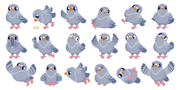 شخصیت پرنده خنده دار کارتونی کبوتر با احساسات مختلف در حالت های مختلف کمیک طلسم کلیپ هنر وکتور حیوان کبوتر در پرواز مجموعه ایزوله