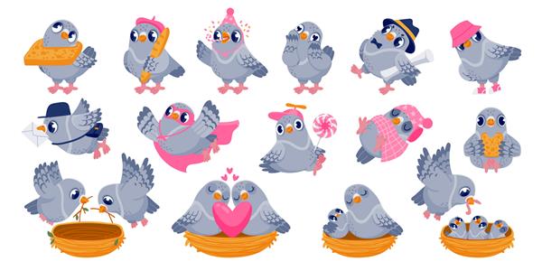 شخصیت‌های کبوتر پرنده‌های کارتونی خنده‌دار که کنار هم نشسته‌اند و در حال برقراری ارتباط با هم لانه‌سازی می‌کنند و مجموعه تعاملات حیوانات کبوتر بردار درگیری دارند