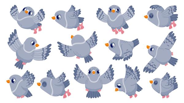شخصیت پرنده کارتونی کبوتر پرنده در حال پرواز طلسم ناز با چهره خنده دار و رنگارنگ حیوانات تخت و رنگارنگ وکتور مجموعه کبوتر جدا شده روی سفید