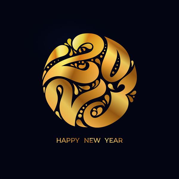 بنر یا کارت پستال پوستر تایپوگرافی جشن طلایی طرح لوگوی 2023 برای تصویر برداری وکتور شماره 2023 در پس زمینه سیاه