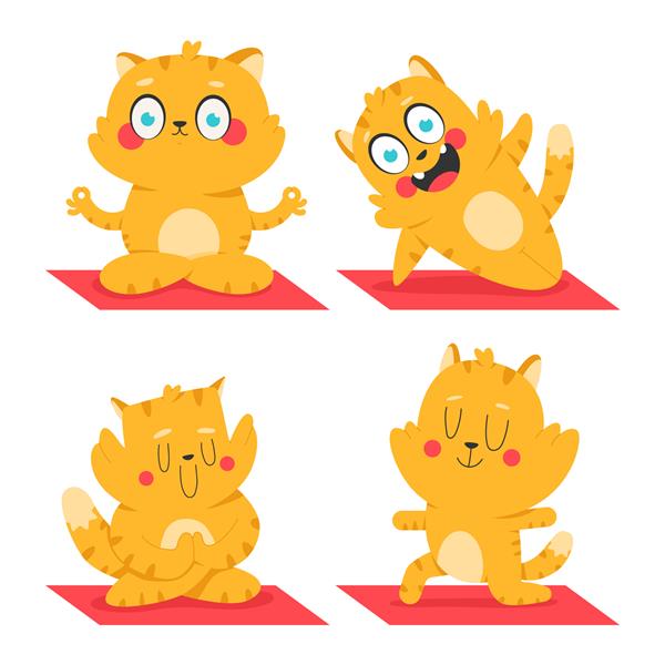 مجموعه شخصیت‌های کارتونی وکتور گربه یوگا خنده‌دار روی پس‌زمینه سفید