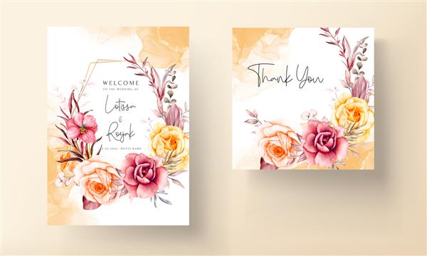 قاب هایی از گل ها و برگ های قرمز آبرنگ روی دعوت نامه عروسی