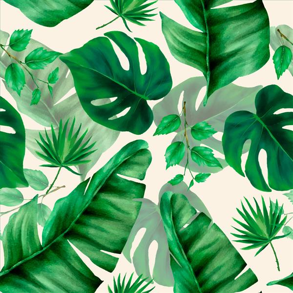 الگوی بدون درز آبرنگ برگ های سبز استوایی زیبا