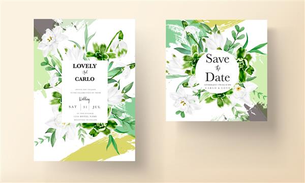 کارت دعوت عروسی مدرن با آبرنگ گل سبز
