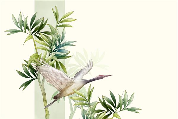 تصویر آبرنگ گل آسیایی با پرندگان