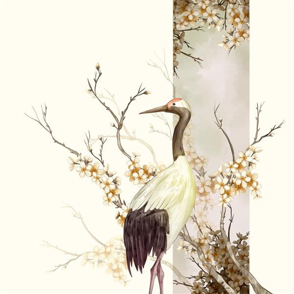 تصویر آبرنگ گل آسیایی با پرندگان