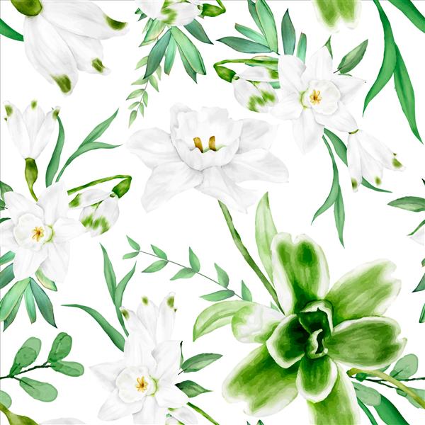 طرح طرح بدون درز گل سفید آبرنگ و برگ سبز