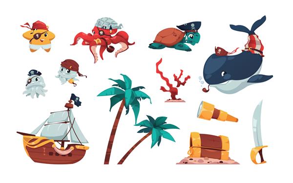 مجموعه کارتونی دزدان دریایی حیوانات دریایی بامزه در لباس های دزدان دریایی صندوقچه های چوبی درختان نخل و قایق بادبانی کودکان وکتور تصویر مجموعه ایزوله