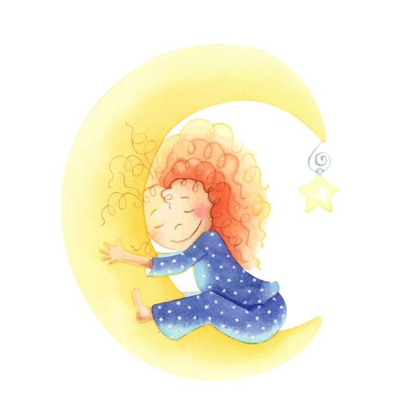 چاپ آبرنگ دختر زیبا روی ماه خوابیده