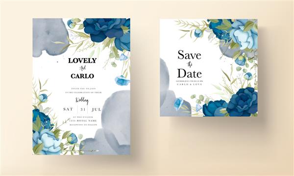 دعوت نامه عروسی با گل های گل صد تومانی آبی کشیده شده با دست