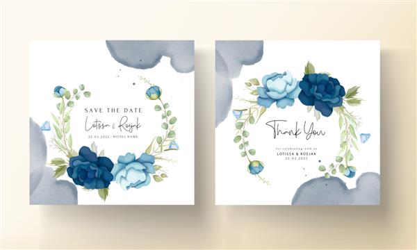 دعوت نامه عروسی با گل های گل صد تومانی آبی کشیده شده با دست