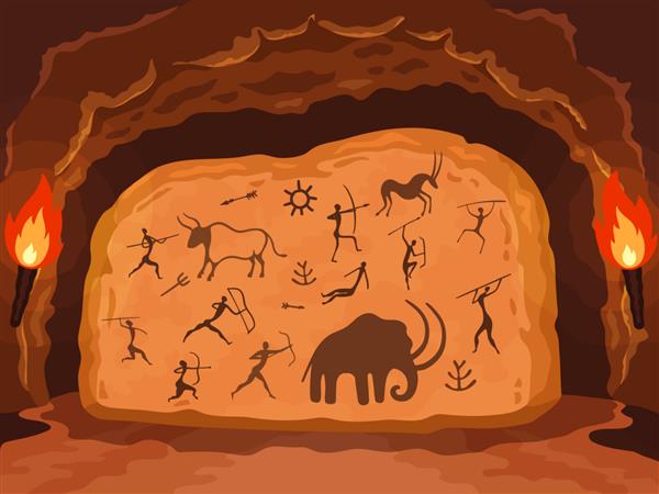 نقاشی اولیه نقاشی ماقبل تاریخ بر روی دیوار سنگی غار نمادهای باستانی شکارچیان حیوانات و حکاکی های وکتور عناصر زینتی روی تصویر سنگ