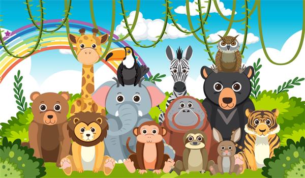 گروه حیوانات باغ وحش به سبک کارتونی تخت