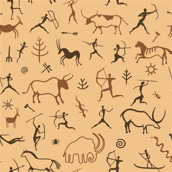 الگوی نقاشی غار چاپ بدون درز نقاشی باستانی بدوی از مردان شکارچی حیوانات ماقبل تاریخ و الگوهای وکتور بافت زینتی