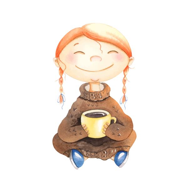 تصویر آبرنگ دختر شاد با ژاکت گرم در حال نوشیدن چای