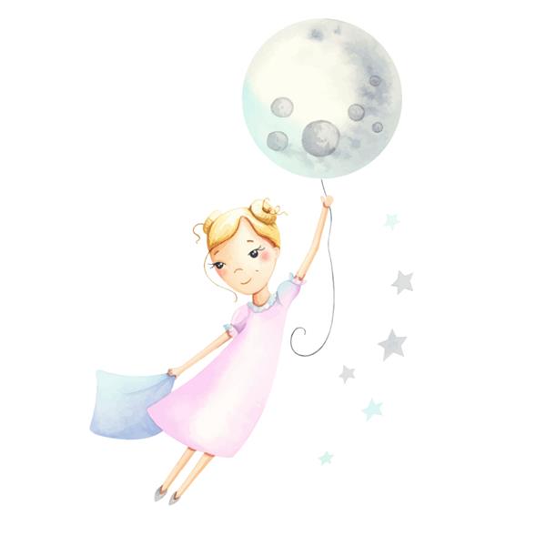 چاپ آبرنگ دختر ناز در حال پرواز روی ماه
