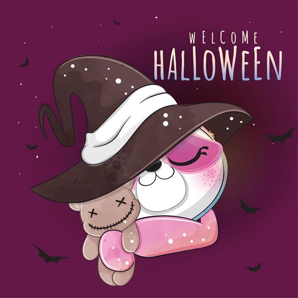 تنبلی کوچک حیوانی ناز با تصویر هالووین کلاه جادوگر - تنبلی با آبرنگ حیوانات زیبا