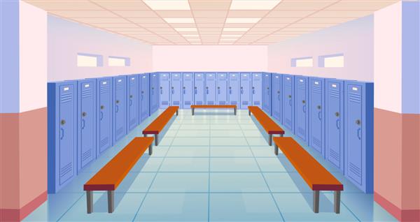 اتاق مدرسه داخلی با کمدها و نیمکت های بسته رختکن ورزشی مدرسه یا کالج خالی