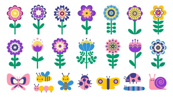 گل‌ها و پروانه‌های کودکانه کارتونی ناز گل‌ها و اشکالات کودکانه تصویرسازی عناصر باغ بهار و تابستان کلیپ‌پارت مجموعه ایزوله وکتور