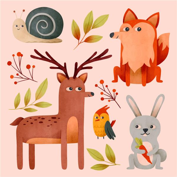 مجموعه عناصر آبرنگ حیوانات جنگل