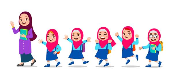 دختران ناز شاد لبخند می زنند و با معلم مسلمان قدم می زنند