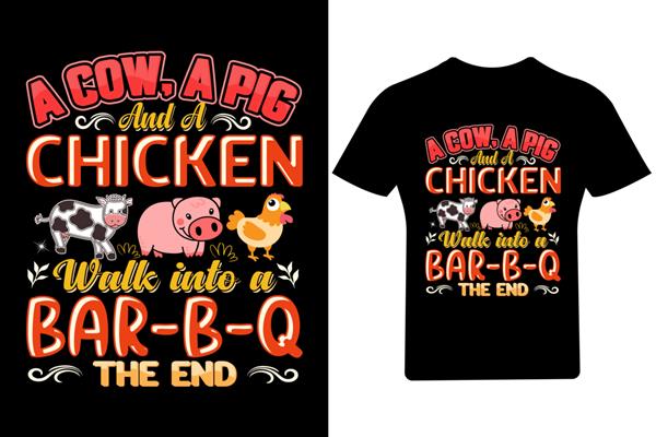 یک گاو یک خوک و یک مرغ وارد یک بار-بق طرح تی شرت انتهایی طرح تی شرت گاو حیوان