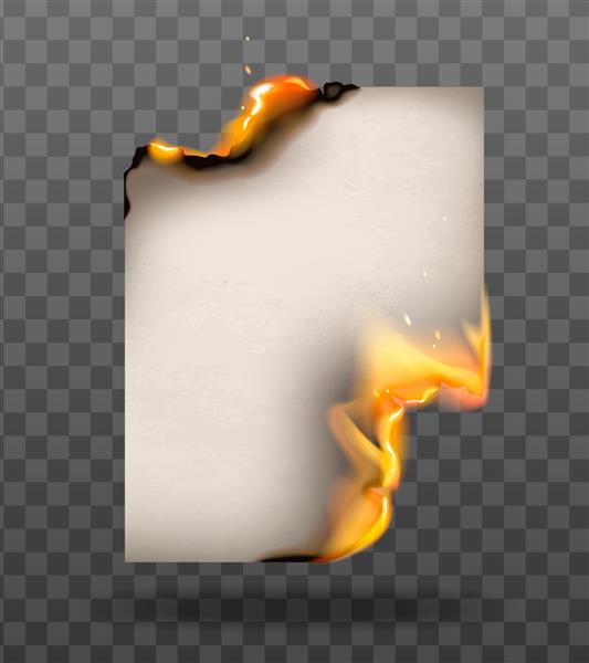ترکیب واقعی کاغذ سوخته با سوزاندن ورق کاغذ a4 با آتش شعله ور جدا شده بر روی تصویر برداری پس زمینه شفاف