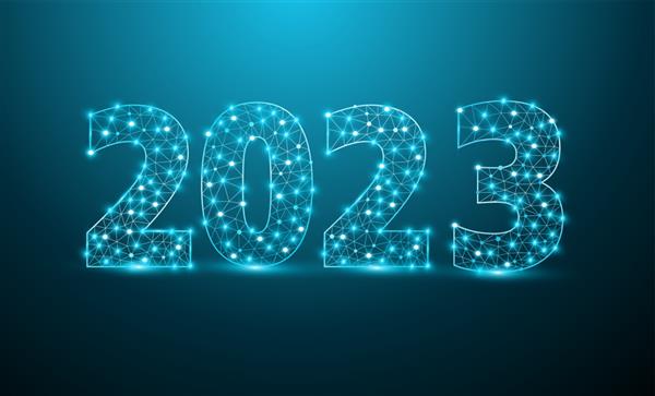 مفهوم فناوری طراحی متن سال جدید 2023 با حروف الفبای شیک مشبک ساختار ارتباطی پس زمینه گرافیکی با تصویر برداری وکتور خطوط نقطه متصل