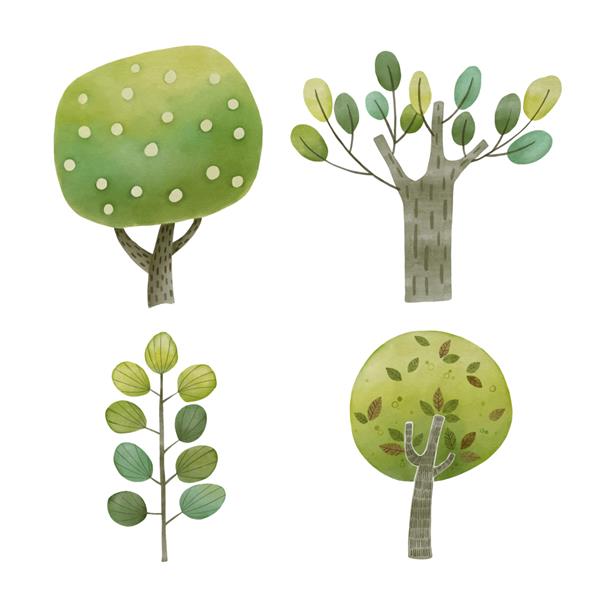 ست درخت سبز نقاشی دیجیتالی با آبرنگ 1