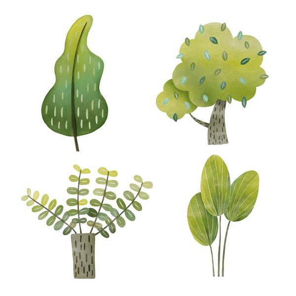 ست درخت سبز نقاشی دیجیتالی با آبرنگ 3