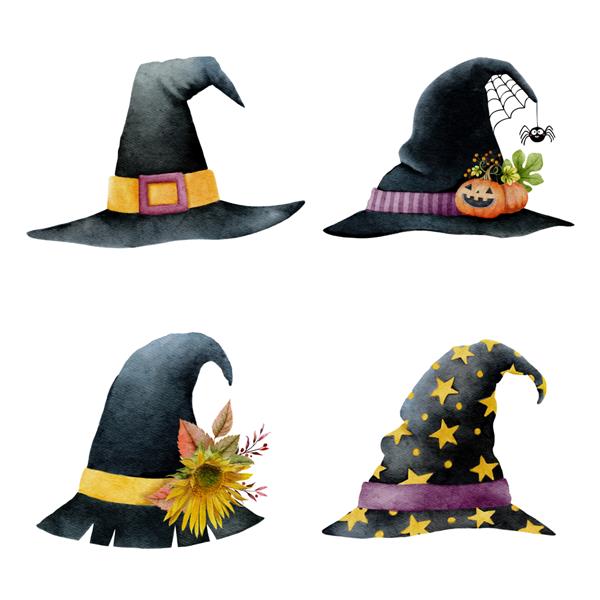 مجموعه ای از کلاه جادوگر مشکی هالووین آبرنگ ست 1 تصویر برداری