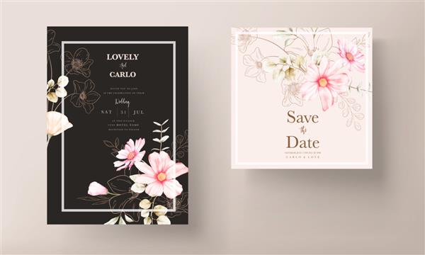 قالب کارت دعوت با گل صورتی زیبا و گل طلایی