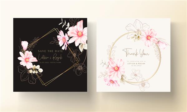 قالب کارت دعوت با گل صورتی زیبا و گل طلایی
