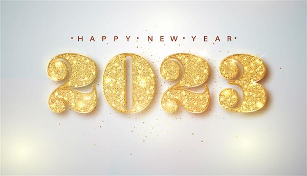 طرح اعداد طلایی سال نو مبارک 2023 کارت پستال با الگوی درخشان طلایی کنفتی براق