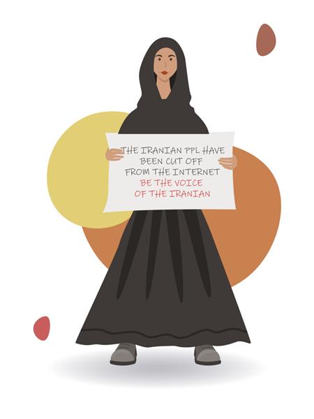 دختر در حال رشد کامل با حجاب با پوستر تجمع و اعتراض در ایران آزادی زنان