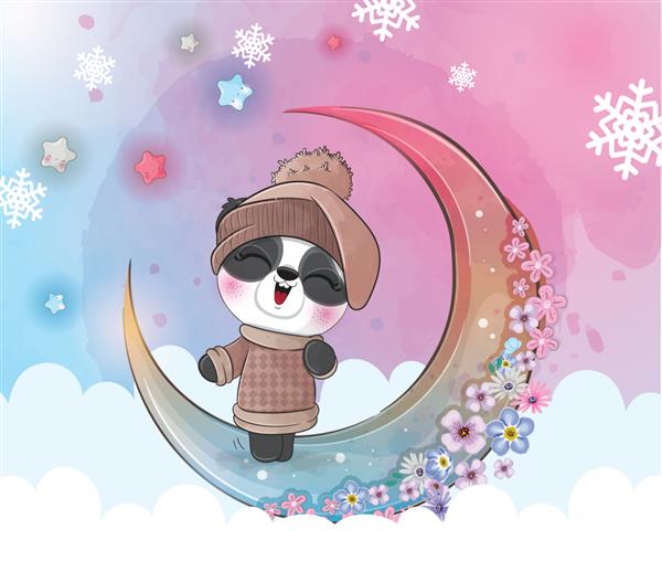 تصویر پاندای کوچک حیوان ناز دسامبر مبارک در ماه - پاندای آبرنگ حیوان زیبا