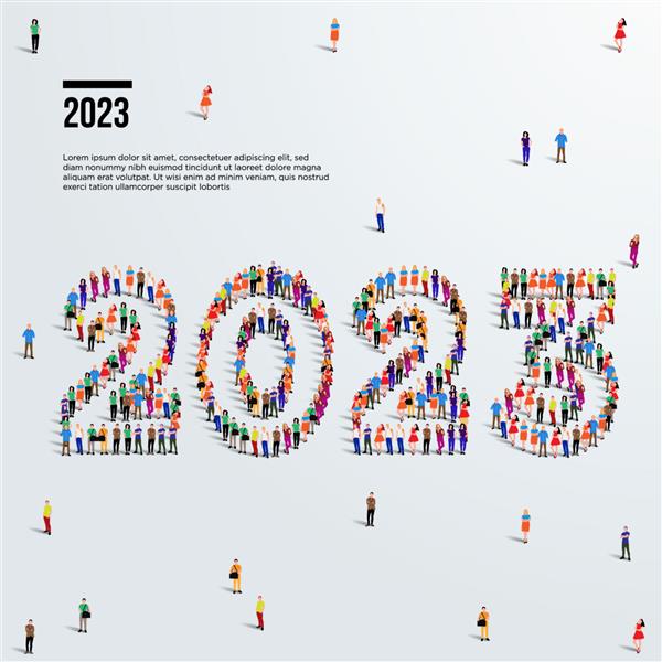 طرح کارت تبریک سال نو 2023 گروه بزرگی از مردم برای ایجاد سال 2023 تشکیل می شوند