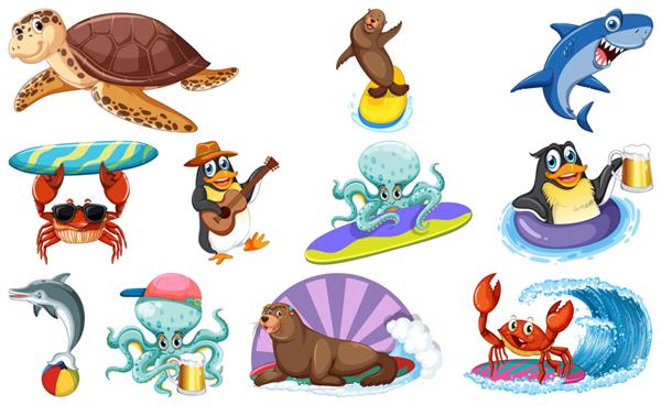 مجموعه ای از شخصیت های کارتونی حیوانات دریایی مختلف