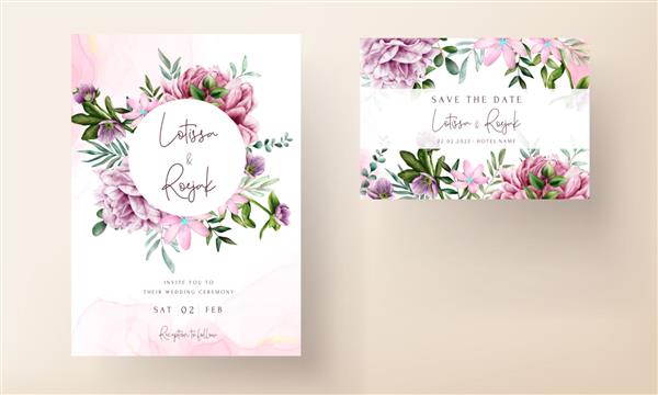 الگوی کارت دعوت عروسی گلدار با آبرنگ بنفش