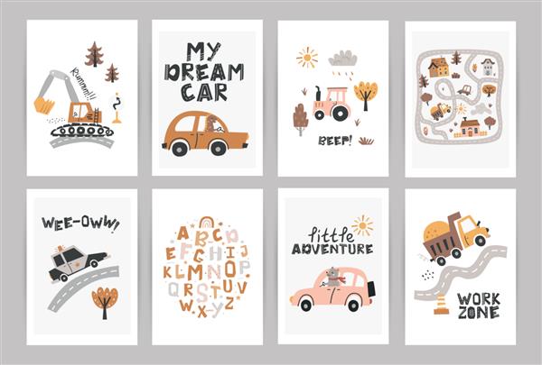 مجموعه ای از پوسترهای بوهو با ماشین های زیبای مهد کودک