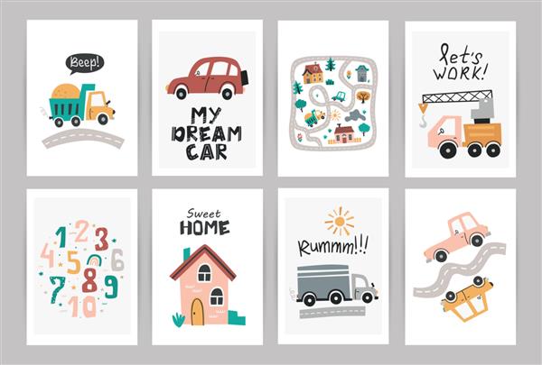 مجموعه پوستر با ماشین های زیبای مهد کودک