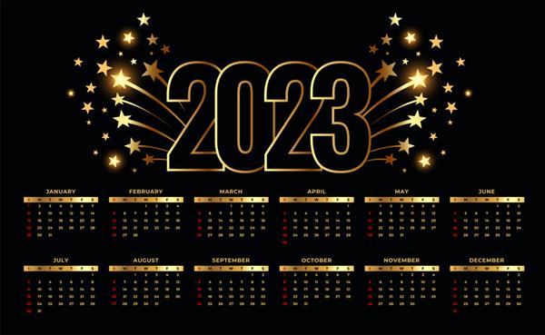 الگوی تقویم سال جدید 2023 با ستاره در حال انفجار