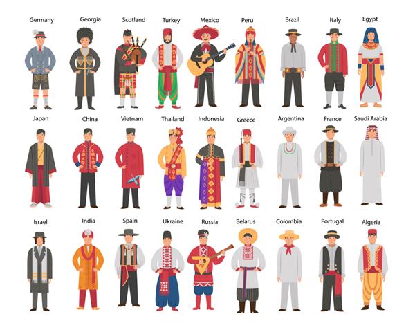 ست بزرگ مرد با لباس های محلی از کشورهای مختلف مجموعه ای از افراد با لباس های قومی