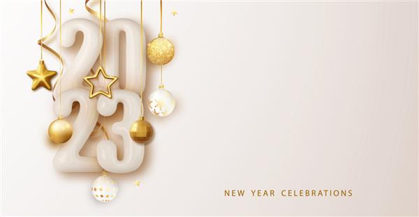 سال نو مبارک 2023 طرح جشن شماره براق با تزیینات کریسمس توپ استریمر و گلدسته