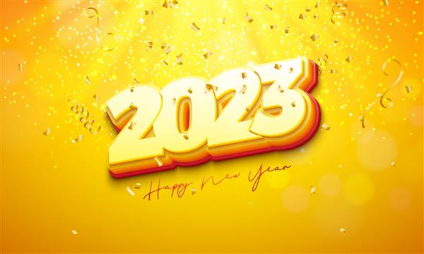 تصویر سال نو مبارک 2023 با عدد 3 بعدی و ریزش کنفتی طلا در زمینه زرد