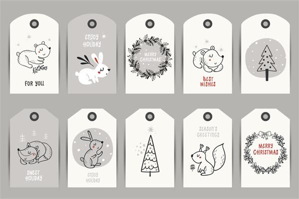 مجموعه ای از برچسب های کریسمس با تاج گل حیوانات جنگل و درختان