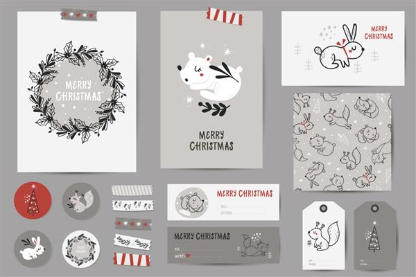 مجموعه کریسمس با کارت های کریسمس یادداشت برچسب برچسب ها برچسب تمبر با حیوانات جنگل
