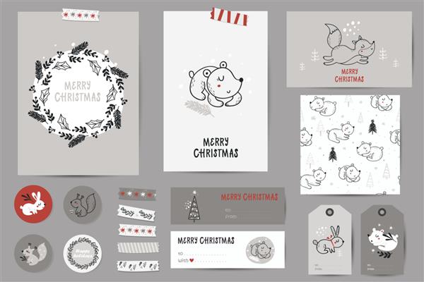 مجموعه کریسمس با کارت های کریسمس یادداشت برچسب برچسب ها برچسب تمبر با حیوانات جنگل