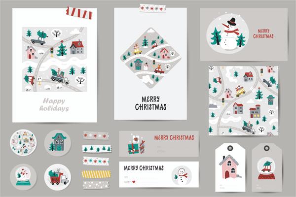 مجموعه کریسمس با کارت های کریسمس یادداشت برچسب برچسب ها برچسب تمبر با ماشین های زیبا