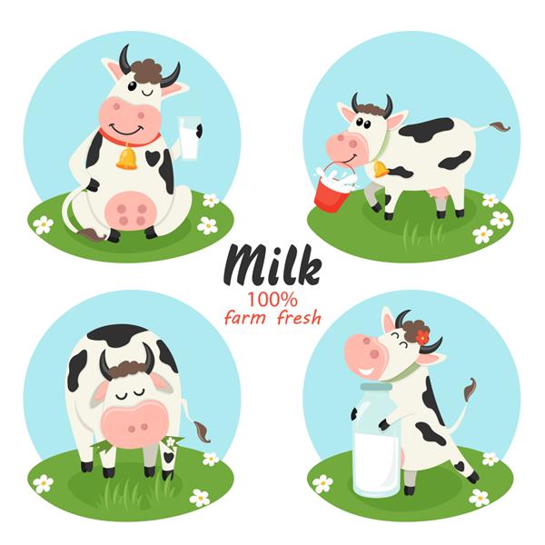 ست گاوهای مزرعه با بطری شیر